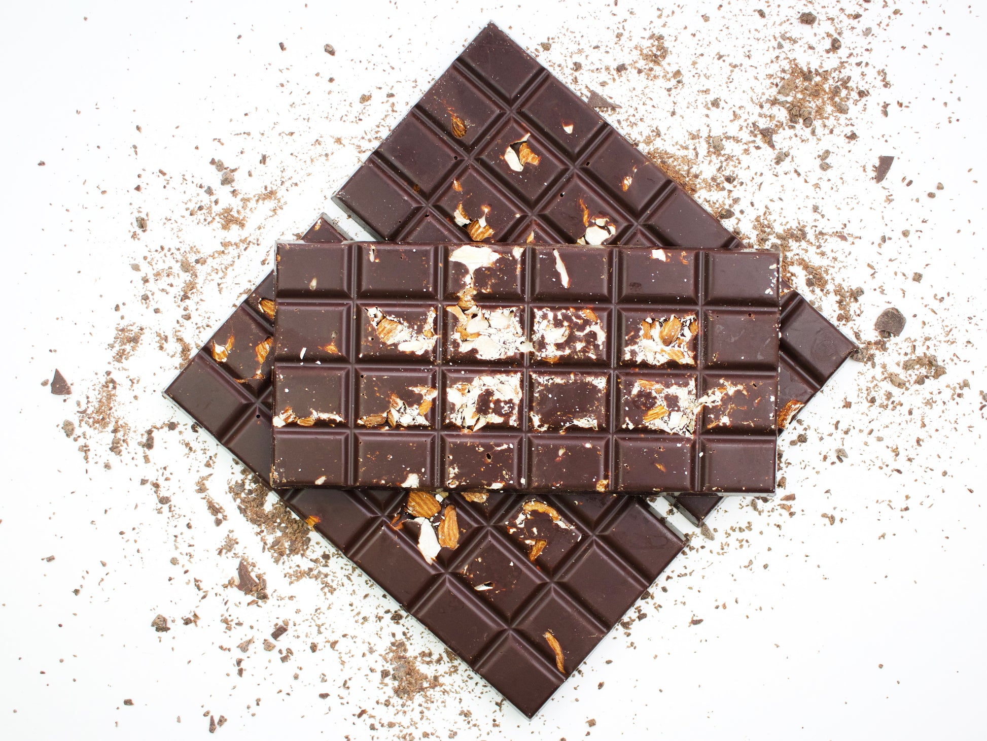 image shows 3, 100g hand made sugar free dark chocolate bars with embedded almonds