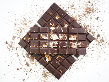 image shows 3, 100g hand made sugar free dark chocolate bars with embedded almonds