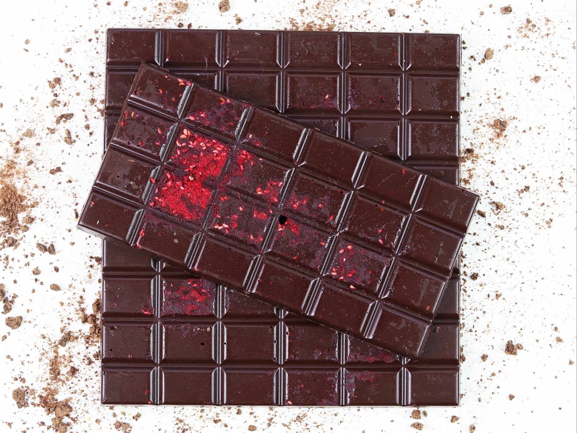 image shows front view of 3, 100g hand made dark chocolate raspberry bars.