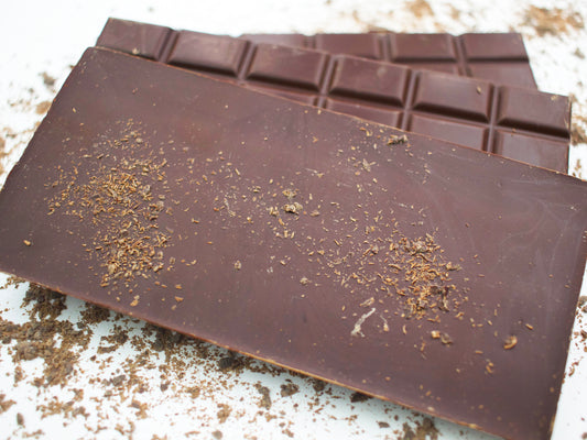 image shows a close up of the smooth side of a 100g hand made sugar free dark chocolate peppermint flavour bar