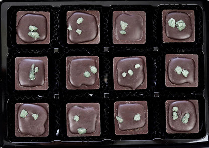 Image shows a gift box of 12 handmade dark chocolate peppermint creams.