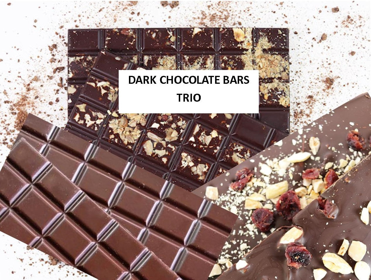 image shows hand made chocolate bars in the dark chocolate trio bar pack, dark, cranberry and almond and hazelnut.