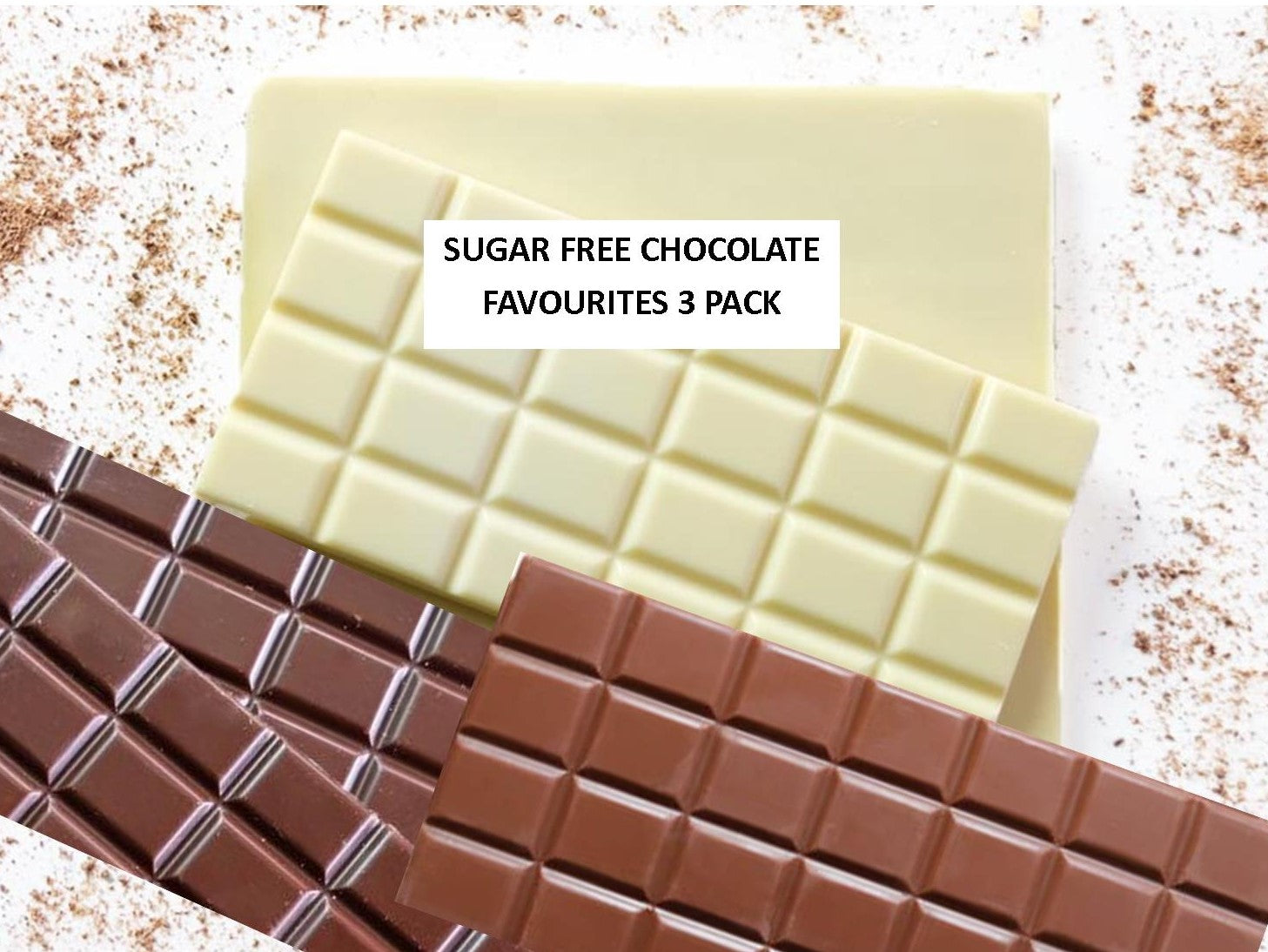 image shows a close up of hand made, sugar free, white, dark and milk chocolate bars , which are available in a 3 bar pack..