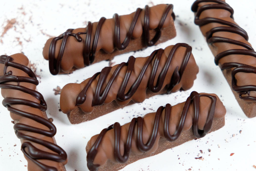 image shows 5 sugar free chocolate praline finger bars