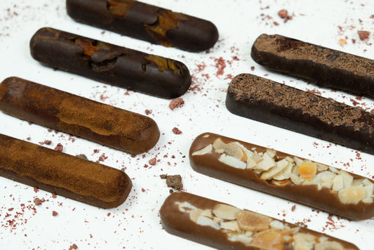 image shows close up of sugar free chocolate batons, chunky fingers in dark and milk chocolate