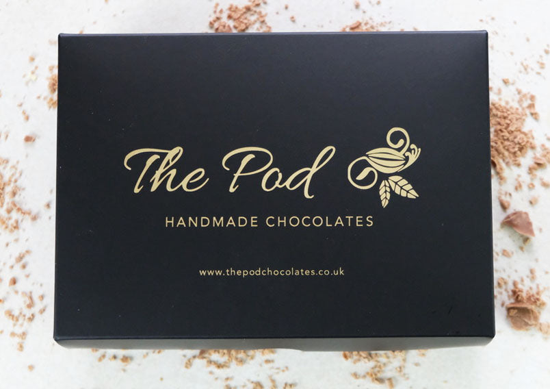 image shows the design of The Pod Chocolates gift box