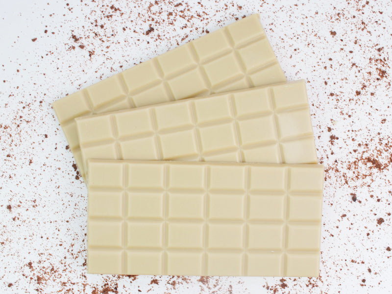 image shows 3, 100g hand made vegan white chocolate bars